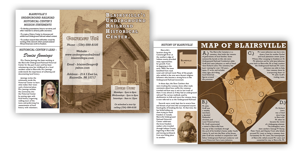 Graphic Design Portfolio piece: Tri-fold brochure about Blairsville's Underground Railroad Historical Center.