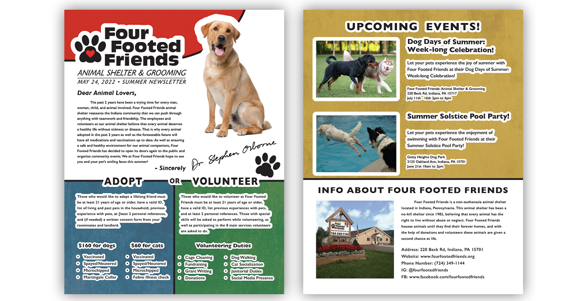 Graphic Design Portfolio piece: Proposed Newsletter for Four Footed Friends.