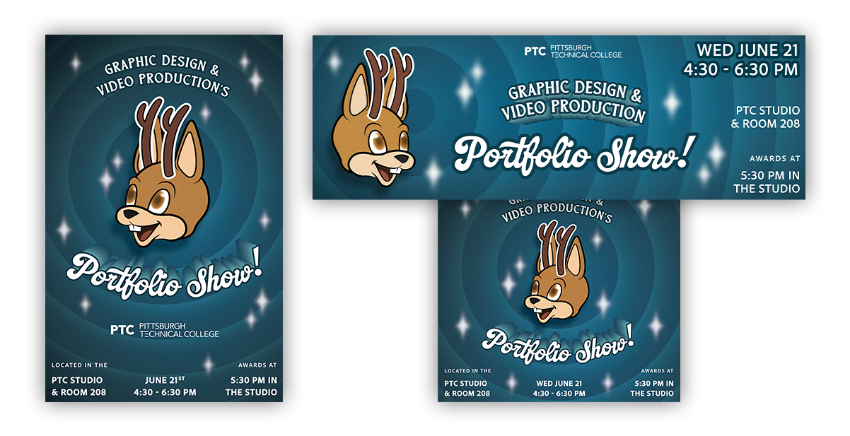 Graphic Design Portfolio piece: Ad campaign featuring a poster, a website banner, and a social media graphic for Pittsburgh Technical College's Spring 2023 Portfolio show.